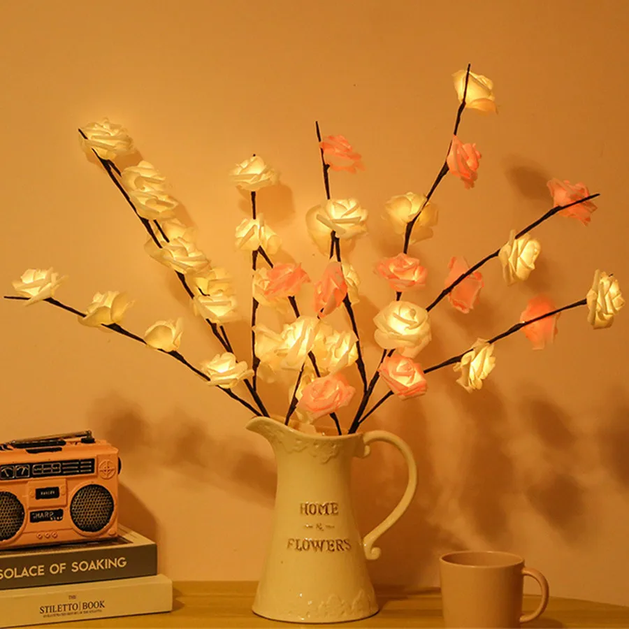 

20LED Vase Filler Rose Tree Branch Lamp Battery Powered Christmas Fairy Night Lights for Valentines Day Party Wedding Decoration