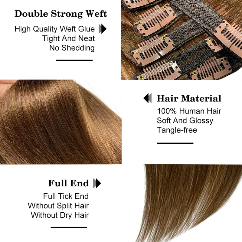 Hair Extensions Brazilian Remy Straight Clip In Human Natural Color #4 Full Head 120G For Black Women