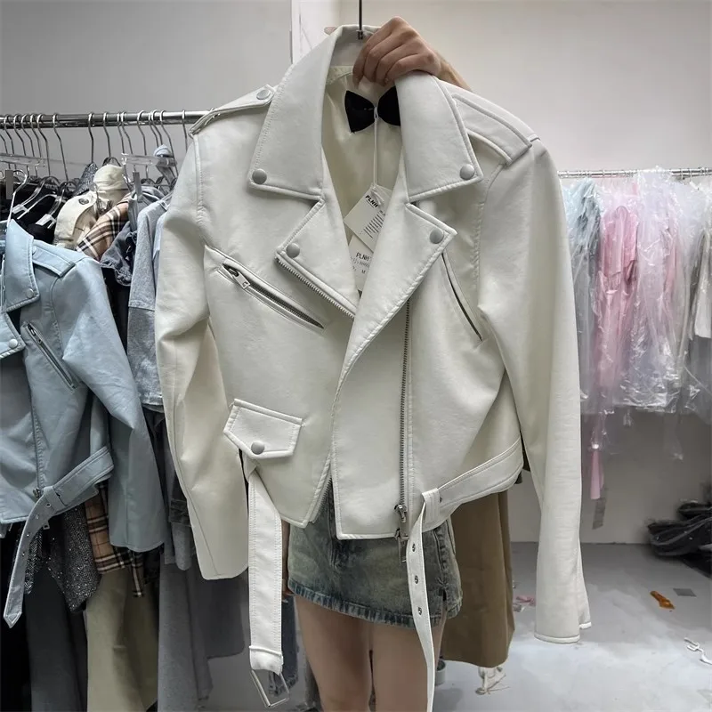 Plnh2024 봄 새로운 한국 패션 느슨한 슬리밍 옷깃 집업 오토바이 가죽 PU 재킷 패션