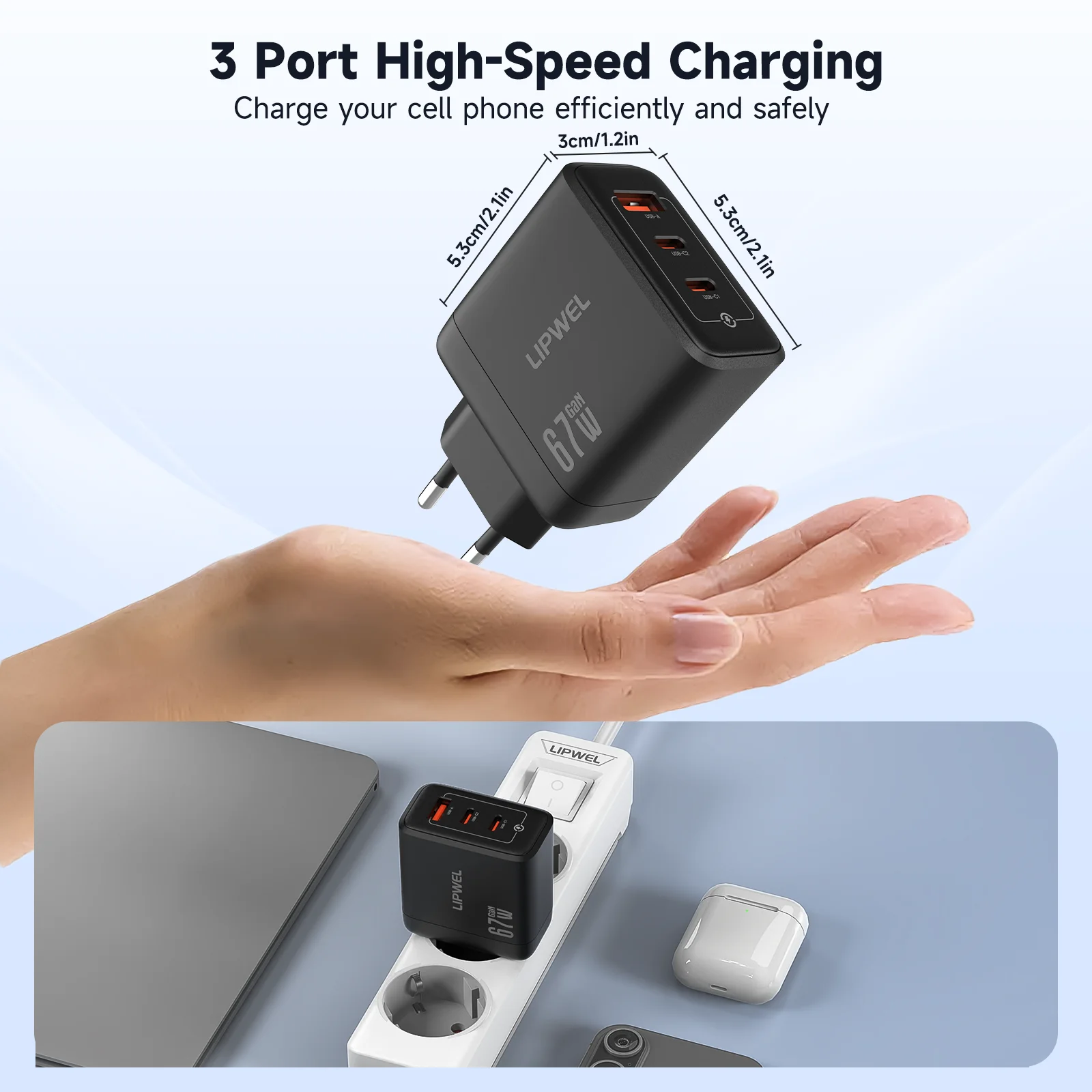 High-Speed 67W GaN Charger with EU Plug - 3-in-1 USB C & USB A Ports