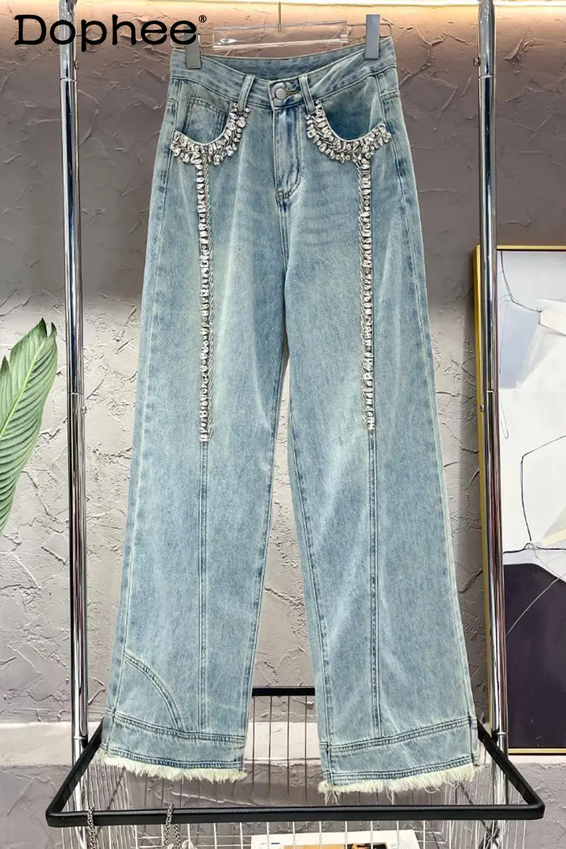 Heavy Industry Rhinestone Baggy Jeans Women Loose Slimming High Waist Straight Blue Wide-Leg Pants 2023 New Summer Long Trousers exquisite rhinestone stars ripped jeans women s high waist straight mop light blue denim pants 2022 summer new long pantalones