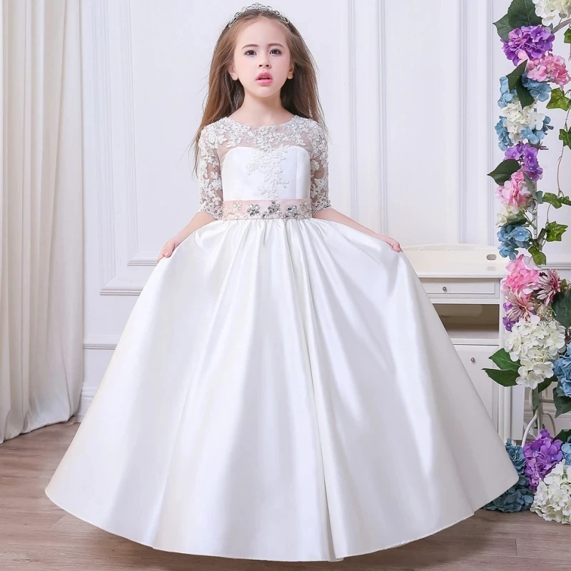 

2024 Appliques Lace Tulle Flower Girl Dress Jewels Bow Belt Pageant Princess Gowns Ball GownPrincess First Communion Gown