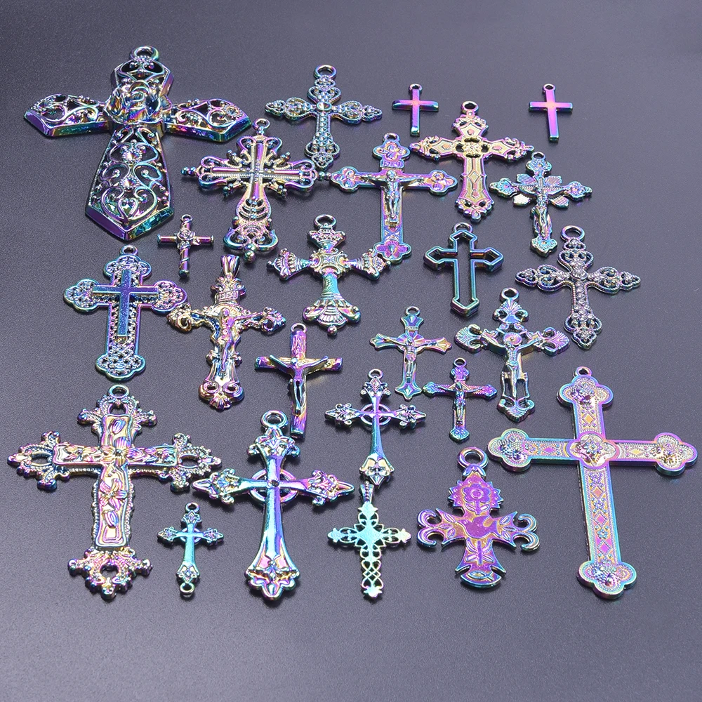 Colgante de aleación con cruz de Color arcoíris, 10 unids/lote, accesorios para fabricación de joyas diy, suministros de collar, manualidades, colgante de cruz a granel