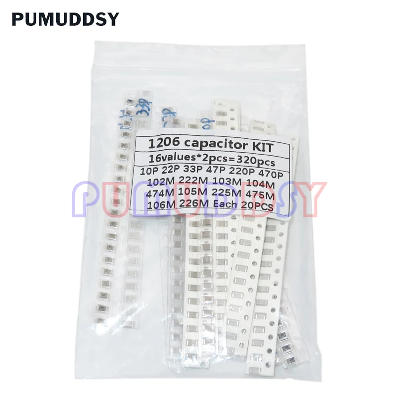 SMD Capacitor Kit 320PCS 720PCS 2500PCS 0603 0805 1206 Assorted Kit 16/36/50Values PUMUDSY 1PF ~ 1UF smd capacitor