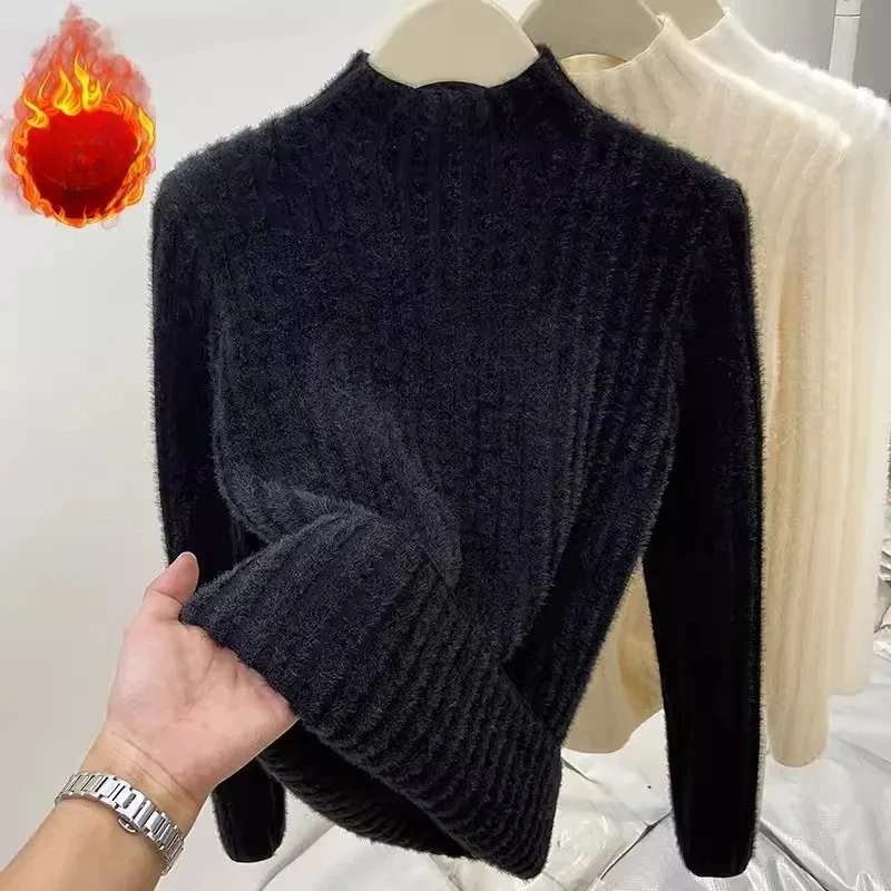 New Autumn/winter Women's Semi-turtleneck Long-sleeved Slim Sweater Warm Elegant One-piece Fleece Casual Knitwear Top