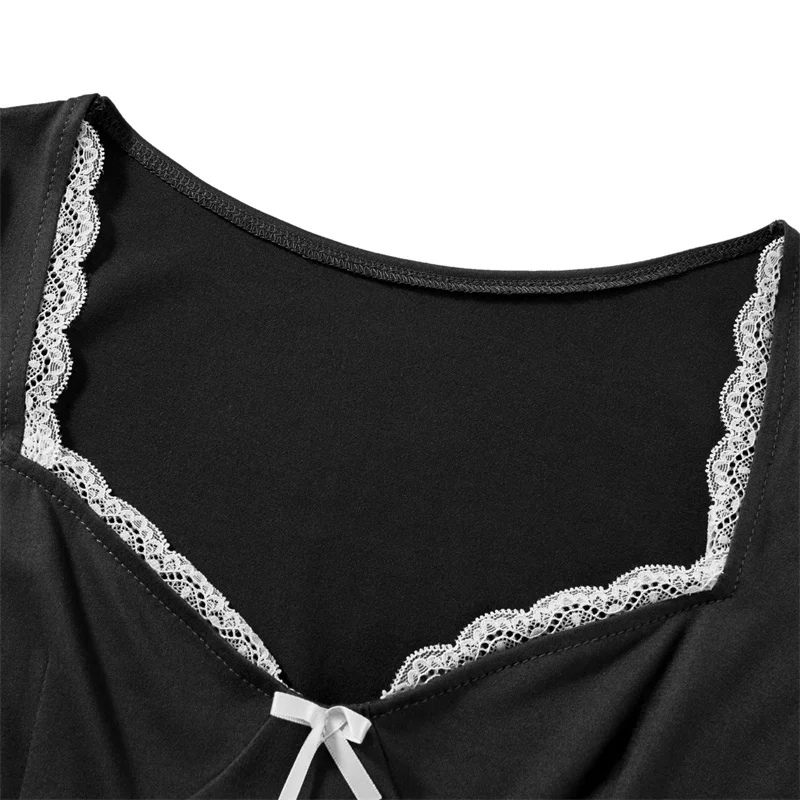 y2k Lace Trim Crop Top Women Sweetheart Neck Short Sleeve T Shirt with Bow Coquette Aesthetic Clothes 2000s Streetwear
