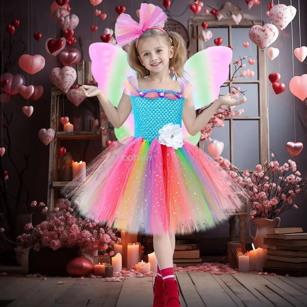 

Summer Girls Tulle Dress Sequin Mesh Tutu Dresses Fairy Puffy Butterfly Fairy Dance Performance Costumes With Headband And Wings