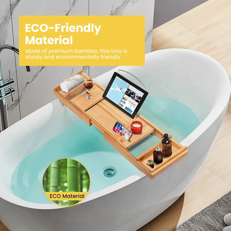 1 PCS Bamboo Expandable Bathroom Organizer Bathtub Storage Board With Cellphone Tablet And Wine Book Holder A