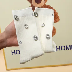 Women's Korean Retro Rhinestone Cotton Socks - Versatile & Stylish Wholesale - One Size (White)
