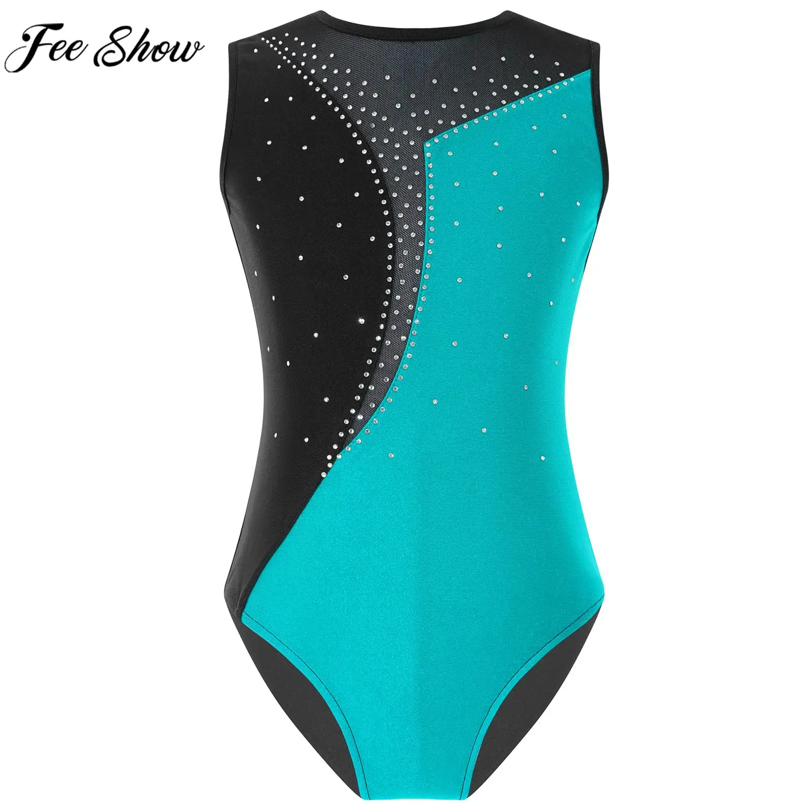 

6-16Y Girls Ballet Dance Leotard Figure Skating Gymnastic Stage Performance Bodysuit Shiny Rhinestone Sheer Mesh Dancewear