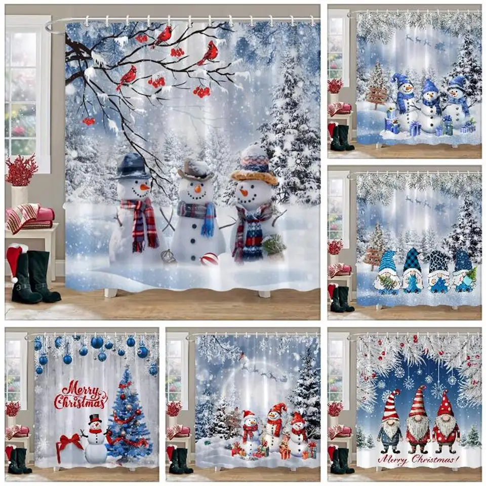 WZFabric Winter Snowman Shower Curtain - Red Green Buffalo Check Plaid, 70x70 Inch With Hooks