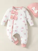 0-2 Year Old Newborn Baby Gilr Spring and Autumn Round Neck Bow Long Sleeve Love Printed Pants jumpsuit 5