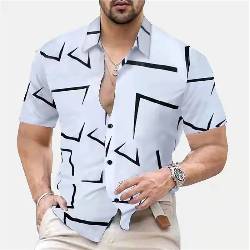

Рубашка мужская оверсайз с геометрическим принтом, Повседневная блуза с отложным воротником, короткий рукав, уличная одежда, белый черный цвет, лето, 5XL