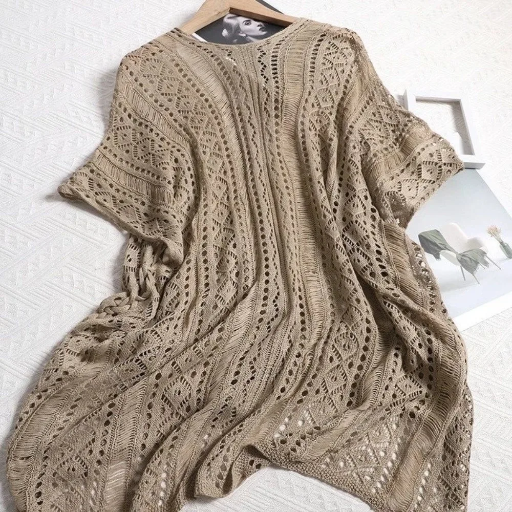 Oversized Hollow Out Swimsuit Cover Up Crochet Sweater V-neck Knitted Bikini Cover Up Fishing Net Mesh Beach Wear Vacation