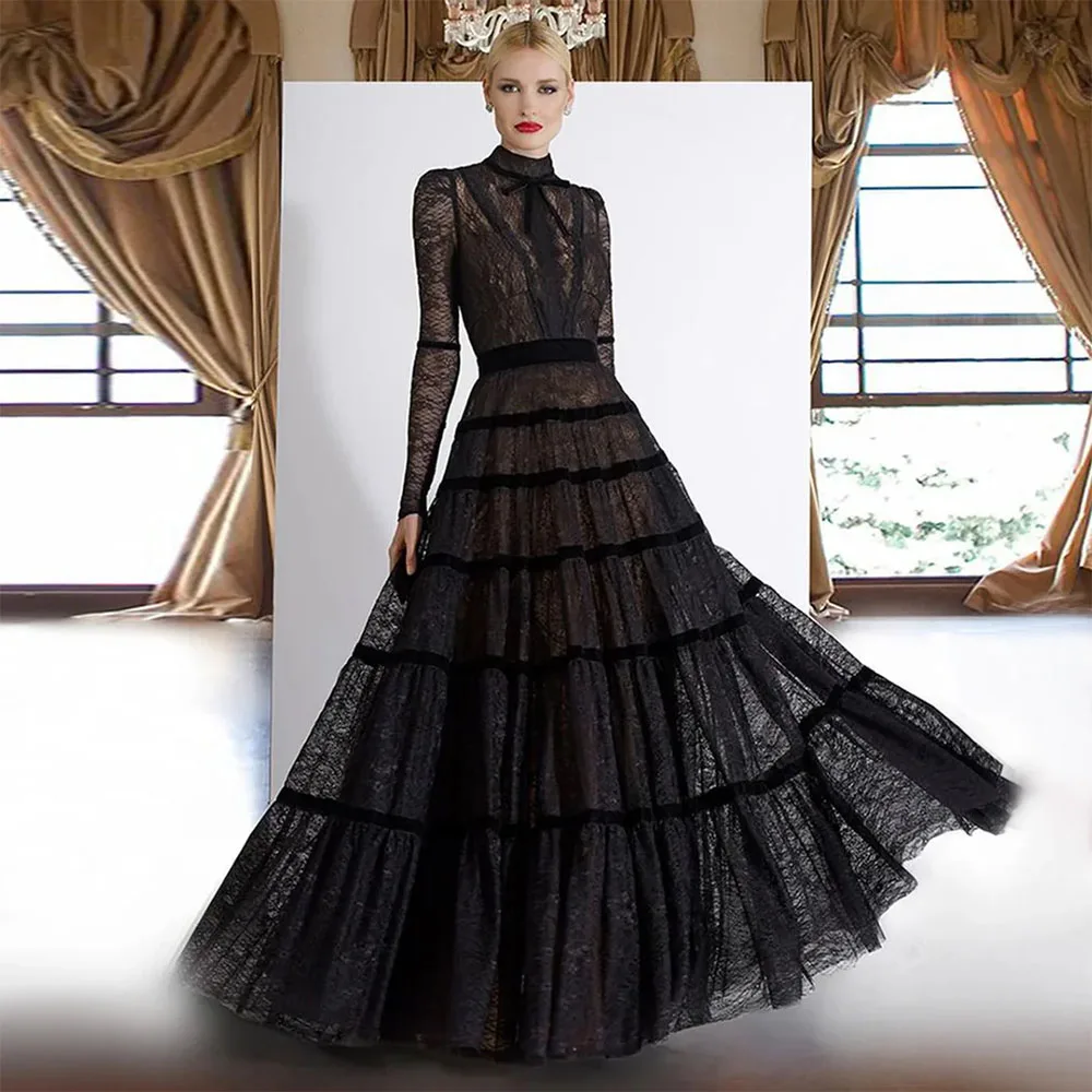 Black Lace Evening Dress O Neck Vintage Long Sleeve Floor Length Tiered Tulle Formal Gown Elegant Dubai Wedding Party Dress