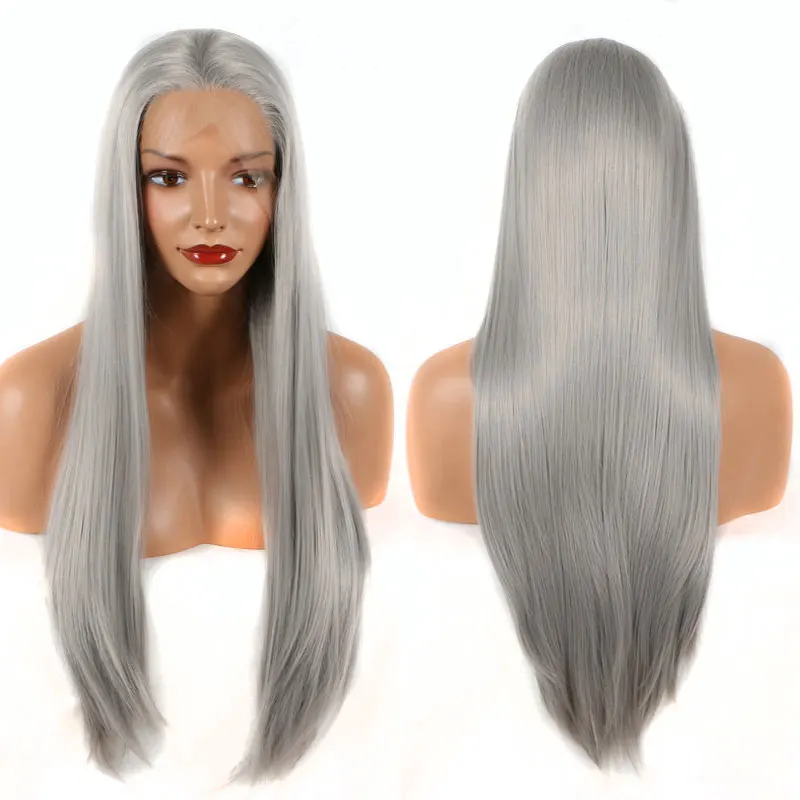 

Bombshell Silver Grey Color Straight Synthetic 13X4 Lace Front Wigs Glueless Heat Resistant Fiber Hair Free Parting For Women