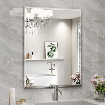Rectangle Wall Mirror Frameless Vanity Mirror Entry Decor Mirror Beveled Silver Edge for Bathroom Bedroom Livingroom Diningroom