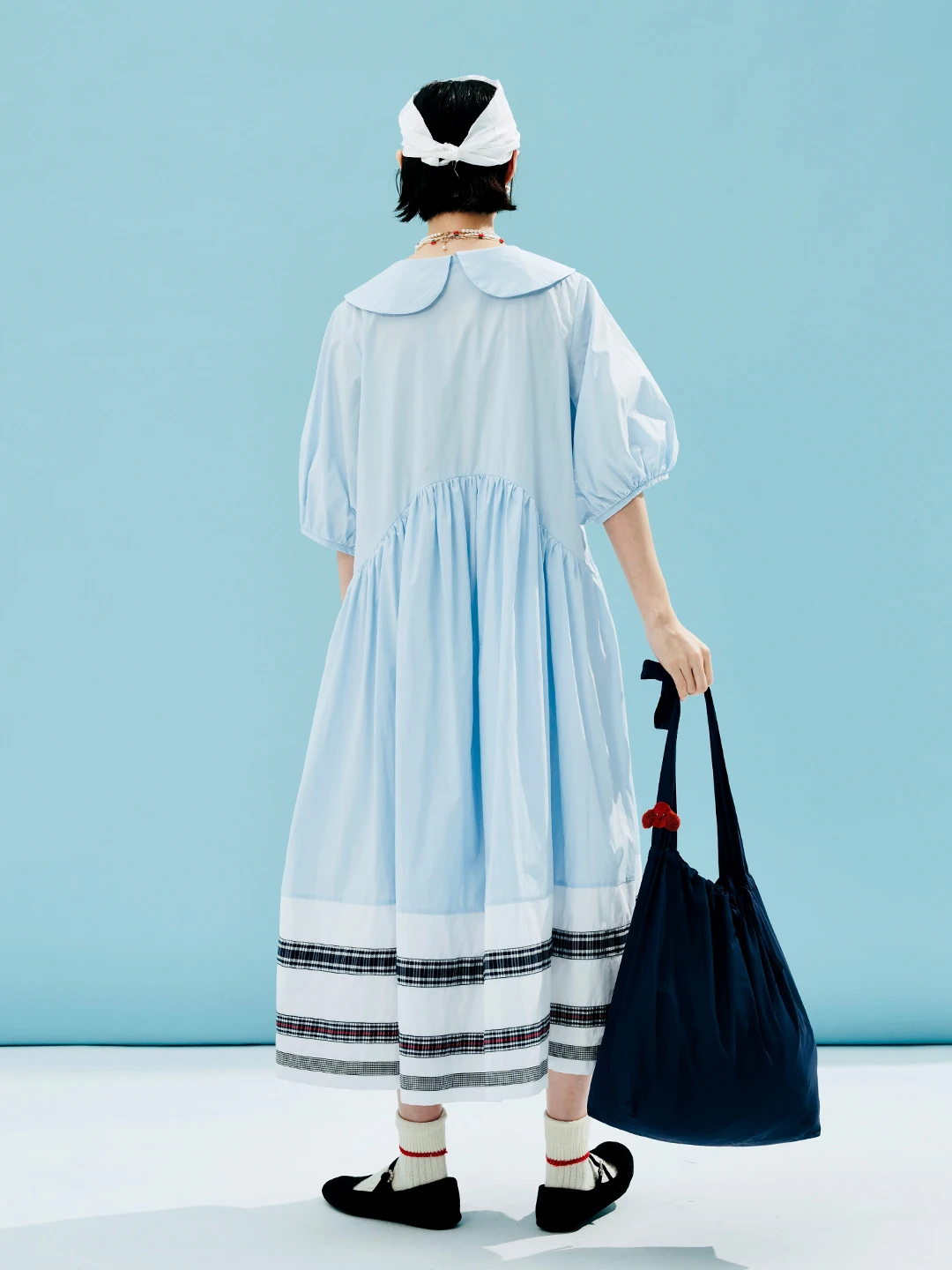 imakokoni summer pure cotton artistic color matching puff sleeves big hem loose long dress 244611