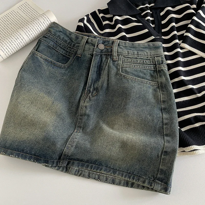 2024 New Retro Dark A Word Denim Short Skirt High Wiast Denim Mini Skirt Women Sexy Tight Bag Hip Skirts Korean Fashion Clothing
