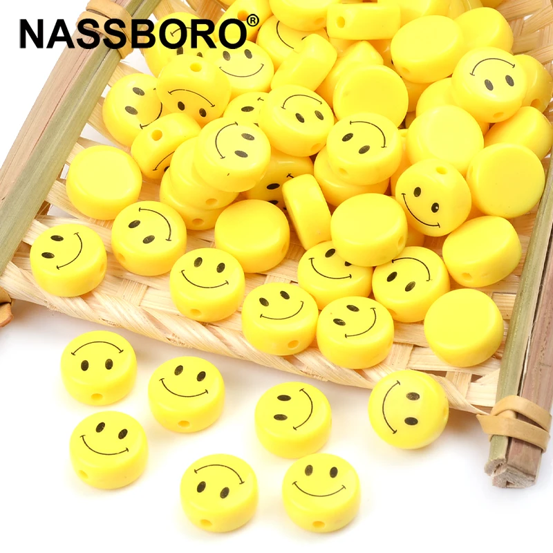 10mm 12mm Flat Round Yellow Beads Smile Face Beaded for Woman