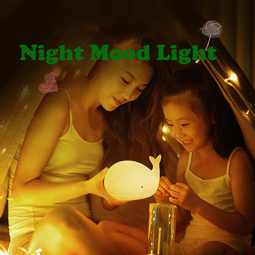 LED NightLight Cartoon Whale Silicone Light Bedside Decor Rechargeable Color Changeable Atmosphere Lamp for Kids Holiday Gifts