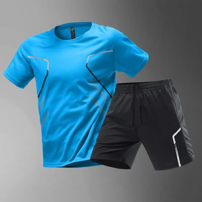 Summer Ice Silk Sports Men Sets New Quick Dry Breathable Gym Clothing Running Basketball Training Short Sleeve Tops Shorts Suit