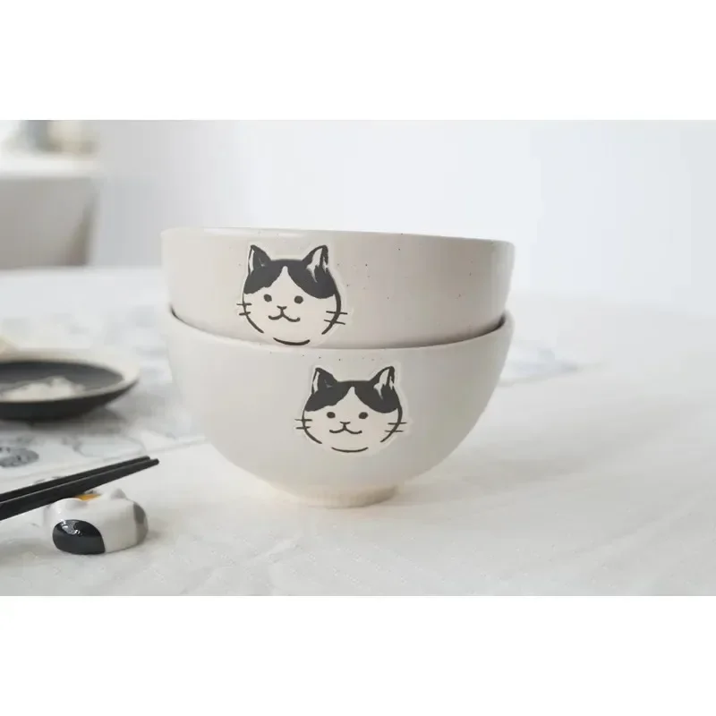Hand-painted Stoneware Cat Face Ceramic Bowl 4.5inch Underglaze Color Craft Cute Cat Rice Bowl Soup Bowl Kitchen Tools
