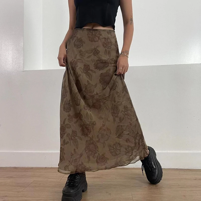 Fairycore Mesh Low Rise Skirt  Women’s Vintage Floral Print Loose fit A-Line womens y2k Grunge Women Outfits Harajuku Streetwear Boho Bohemia Bohemian Maxi Skirts for Woman in Auburn brown