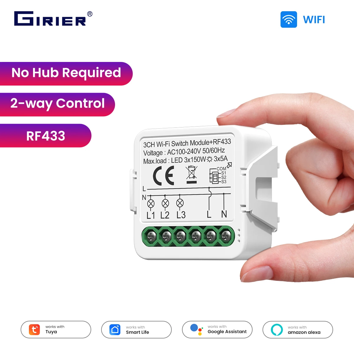 GIRIER Tuya 스마트 WiFi 스위치 모듈 RF433 DIY 차단기 릴레이 중성선 필요 양방향 제어 지원 Alexa Hey Google