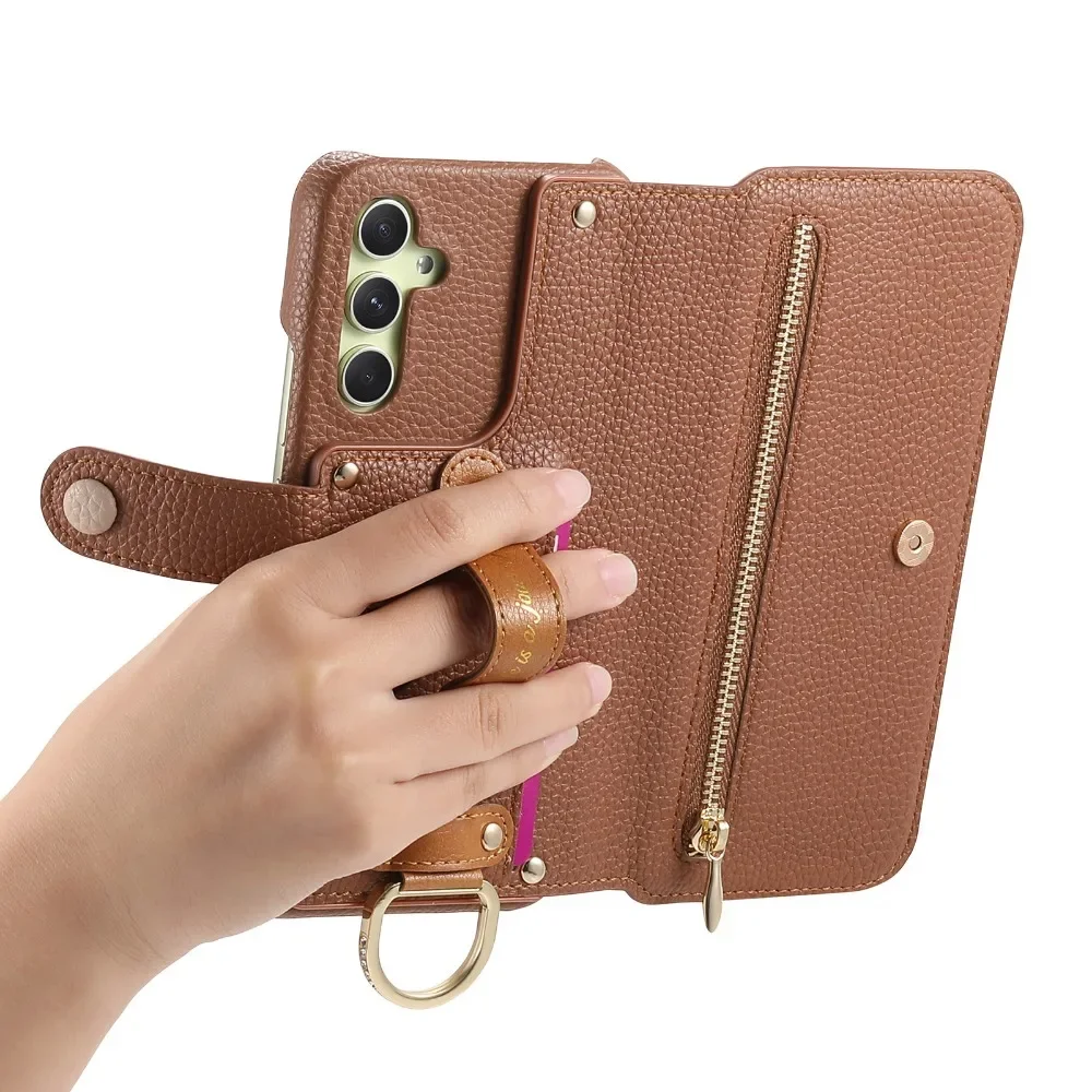 Card Holder Wallet Wrist Strap Ring Flip Phone Case