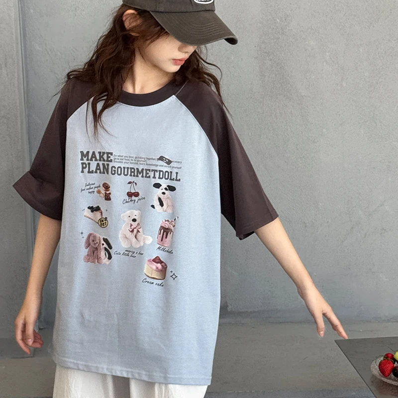 큰 아이들을 위한 여아 반팔 티셔츠, 라글란 슬리브, 순면, 루즈핏, 다용도 여름 상의
