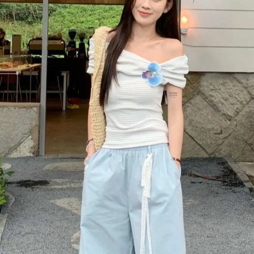 Description Picture 3 of itemChic Stripe Off Shoulder Crop Top Ins Slim Fit Bohemia T Shirts Sweet Female Clothing Bottoming Shirt Women Female