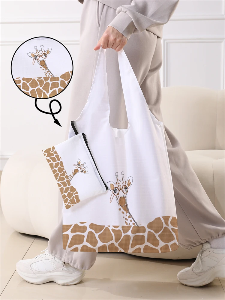 Ladies' Foldable Cartoon Giraffe Pattern Large Shopping Bag Foldable Storage Reusable Easy to Carry Capacity Handbag