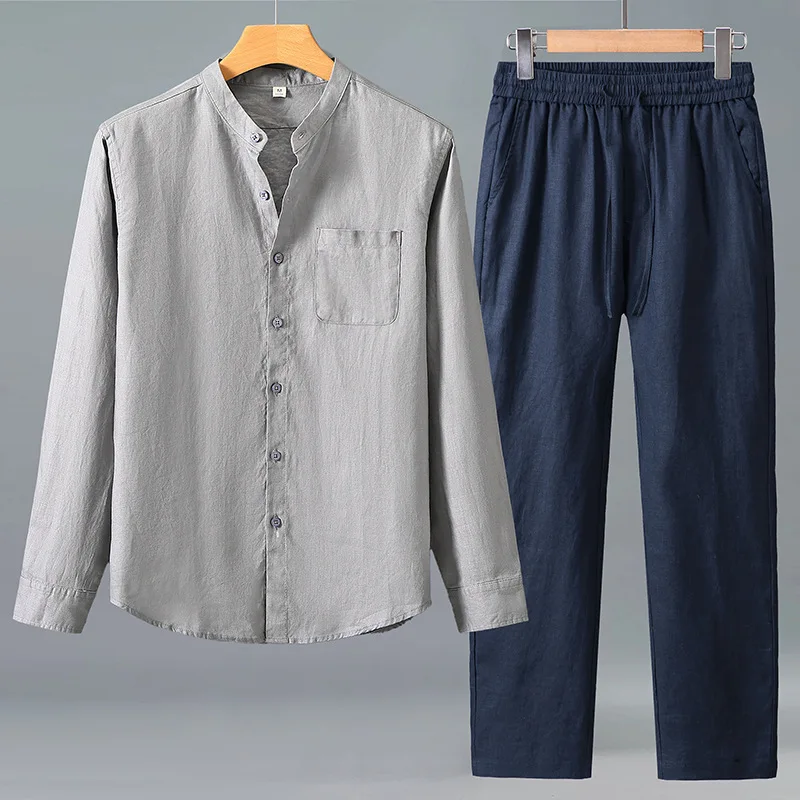 Herren 100% Reines Leinen Langarm-Hemd im Chinesischen Stil Lässige Weite Hose Set Frühling Herbst Atmungsaktives Zweiteiler-Outfit – Detail 7