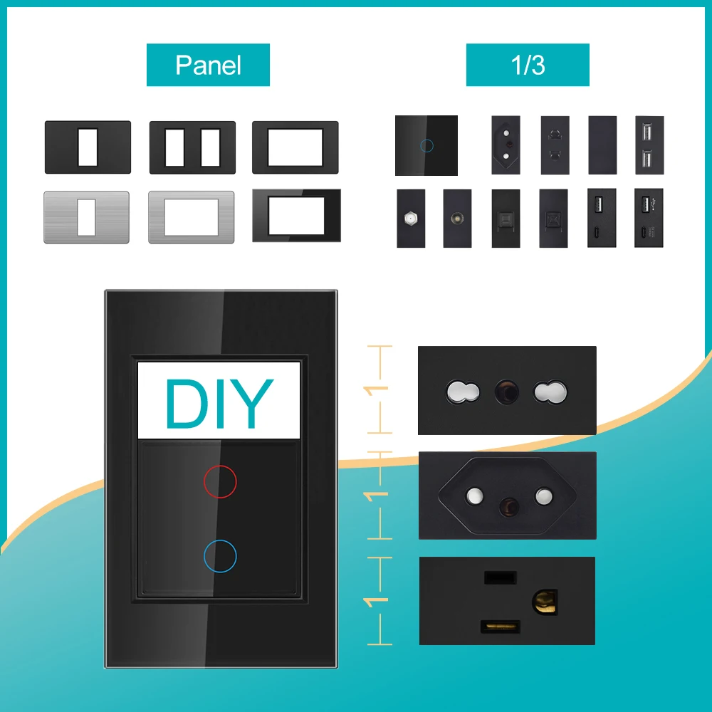 VISWE DIY standard brazil socket usb Type C 5v 2a light switch home appliance Outlets tempered glass stainless steel PC panel