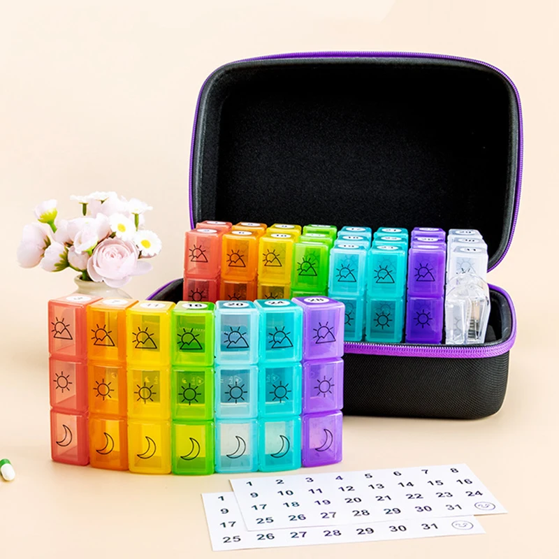 Deluxe Monthly Pill Organizer with 32 Compartments and Durable Travel Case