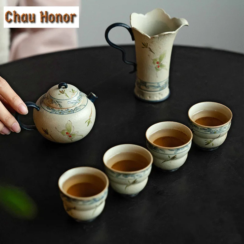 140ml Blue And White Flint Red Tea Pitcher Handmade Gold Drawing Butterfly Orchid Cha Hai Justice Cup Tea Ceremony Accessories