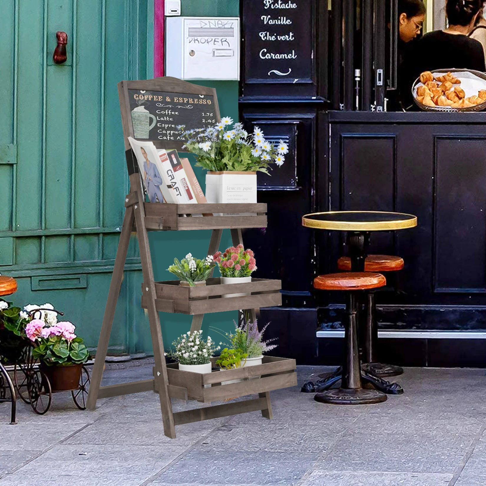 Free Standing Pavement Chalkboard Display Blackboard with 3-tier Plant Shelves Flower Rack for Outdoor Garden Advertisements