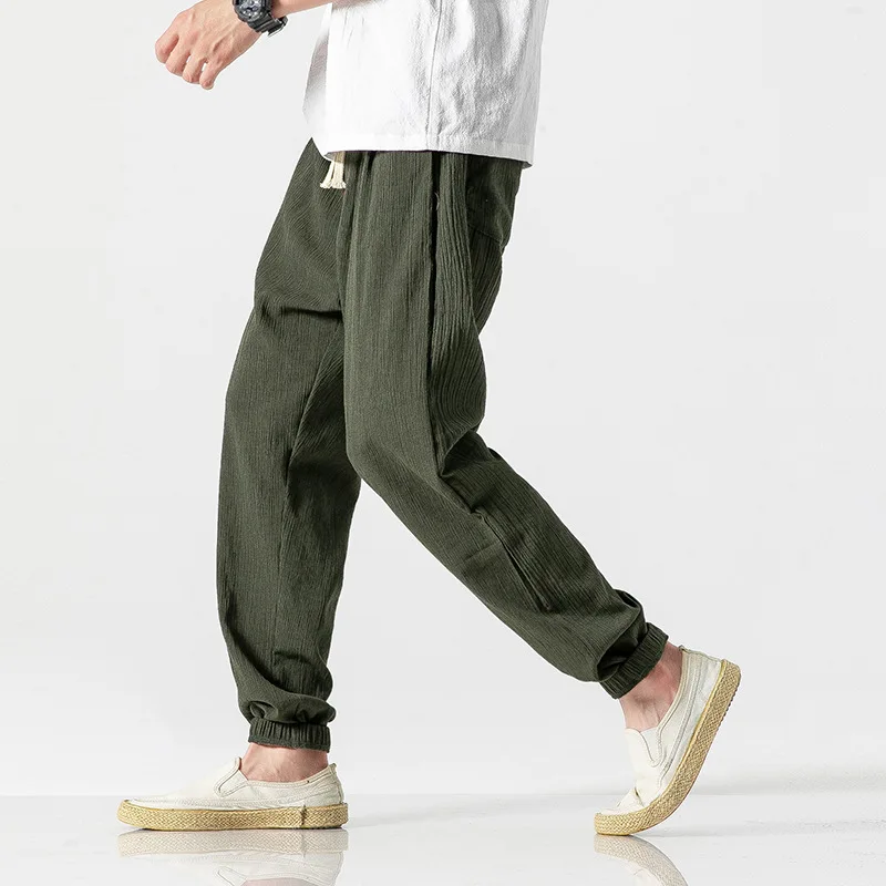 Japanese Loose Men's Cotton Linen Pants Male Summer New Breathable Solid Color Linen Trousers Fitness Streetwear Plus Size S-4XL