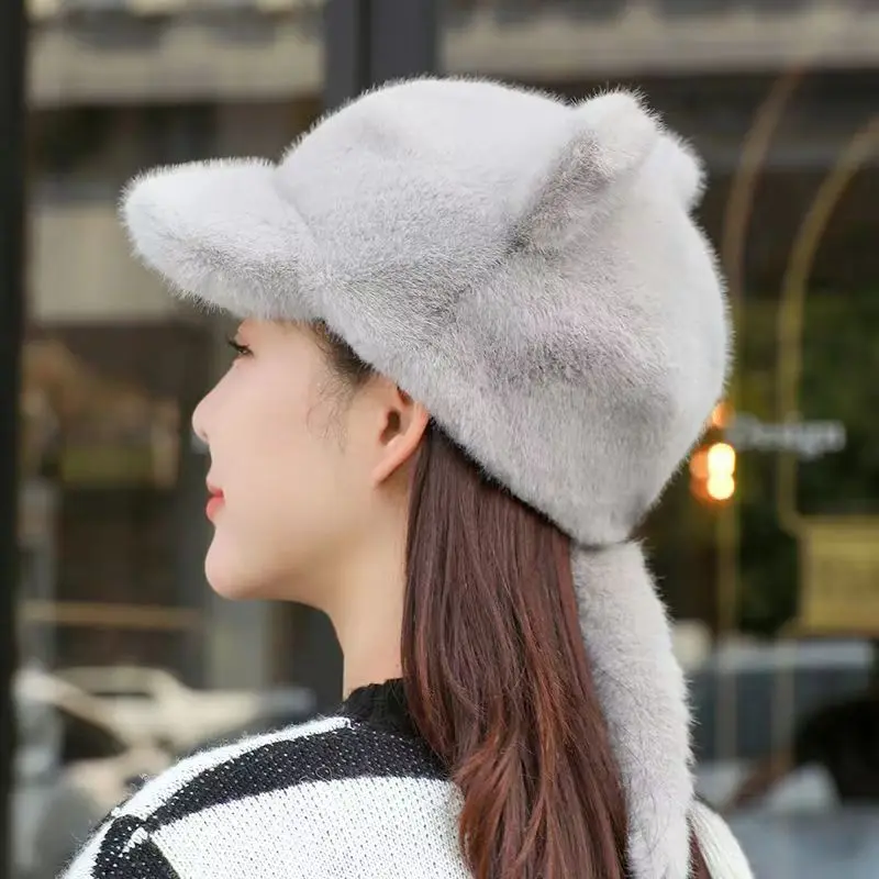 URSFUR Genuine Mink Fur Baseball Cap With Cat Ears - Winter Hat For Women, Soft & Warm, Ranch-Raised Fur