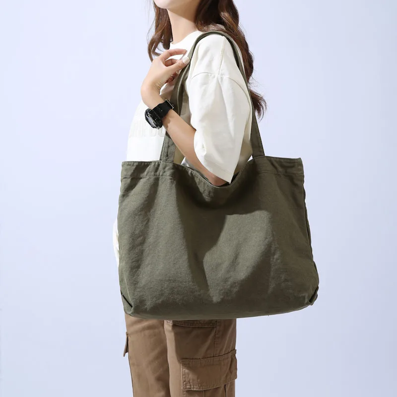 Tote Canvas Bag for Ladies Girl Student Large Capacity Shoulder Bag Solid Color Preppy Style Harajuku Commuter All-match Handbag