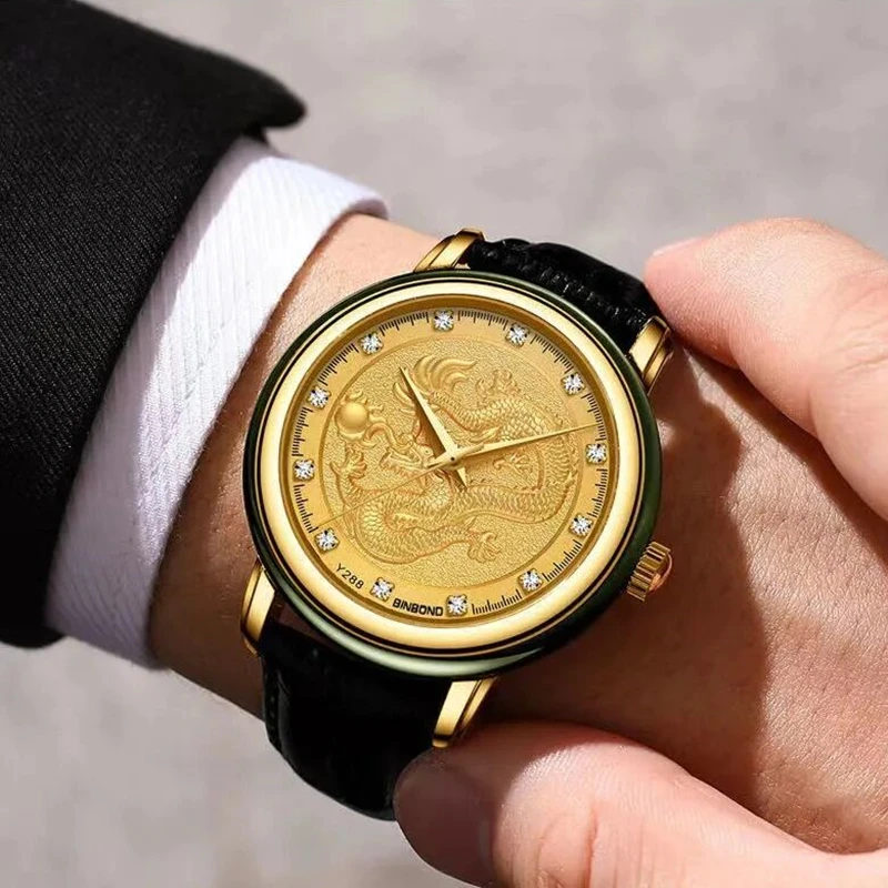 DUGARY Couple quartz watch Brand waterproof Jade Chinese Loong phoenix Male Wristwatch Unique Relogio Masculino