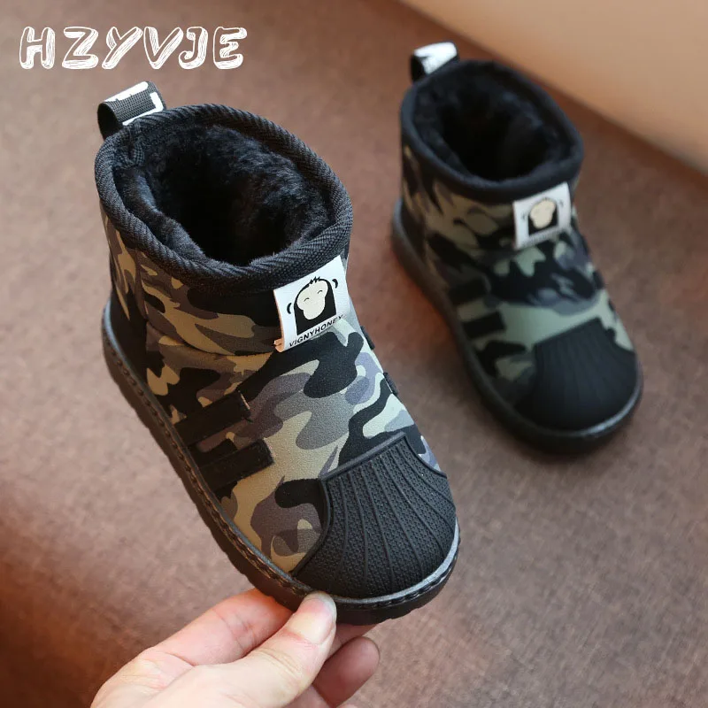 Winter New Plus Plush Baby Kid's Cotton Shoes Children's Warm Camouflage Snow Boots Non Slip Outdoor Sports Shoes Medium Sized children s sports shoes spring autumn new girls lightweight breathable fashionable medium large mesh casual shoes size 23 37