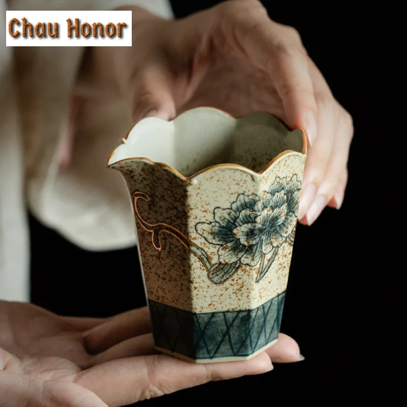 175ML Blue And White Flint Red Tea Pitcher Gold Drawing Peony Flower Cha Hai Dispenser Justice Cup Fair Mug Tea Set Accessories