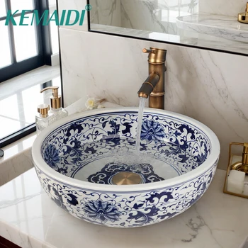 KEMAIDI ชุดอ่างล้างหน้าอ่างล้างหน้าเหนือเคาน์เตอร์อ่างล้างจาน 18 นิ้วชามอ่างล้างหน้าเซรามิคสีขาวอ่างล้างจานเดี่ยวก๊อกน้ํา 1