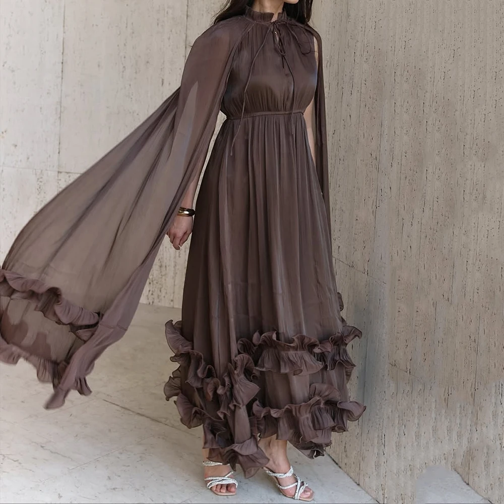 Customized A-line Evening Dresses Ankle-length High-neck Sleeveless Prom Gown Fashion Ruched Simple Stole Draped Aprty Gown
