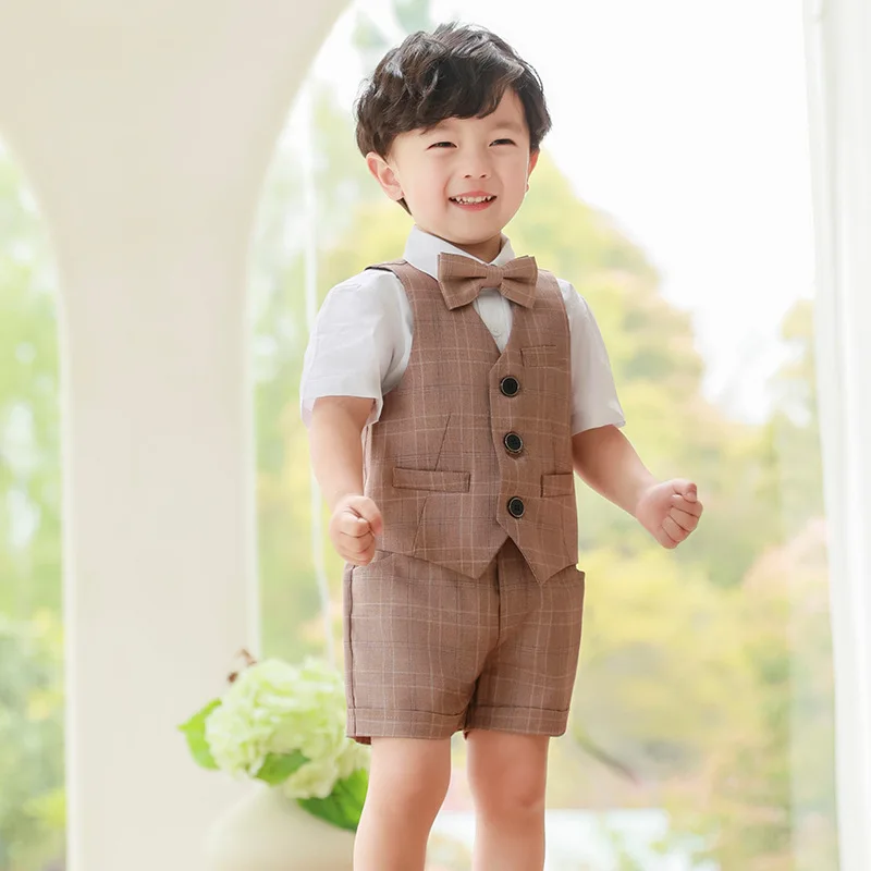 

Boys Birthday Suit Handsome Plaid Vest Shorts Wedding Set Summer Toddler Piano Performance Costume Kids School Uniforms Outfits