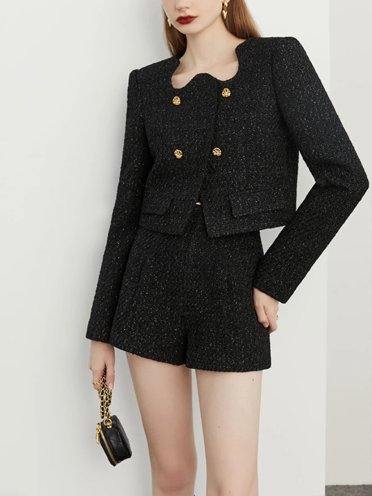 Elegant Commuter Autumn Winter Suit Women\'s New High Quality Metal Buckle Tweed Blazer Coat+Shorts Casual Fashion 2 Piece Set