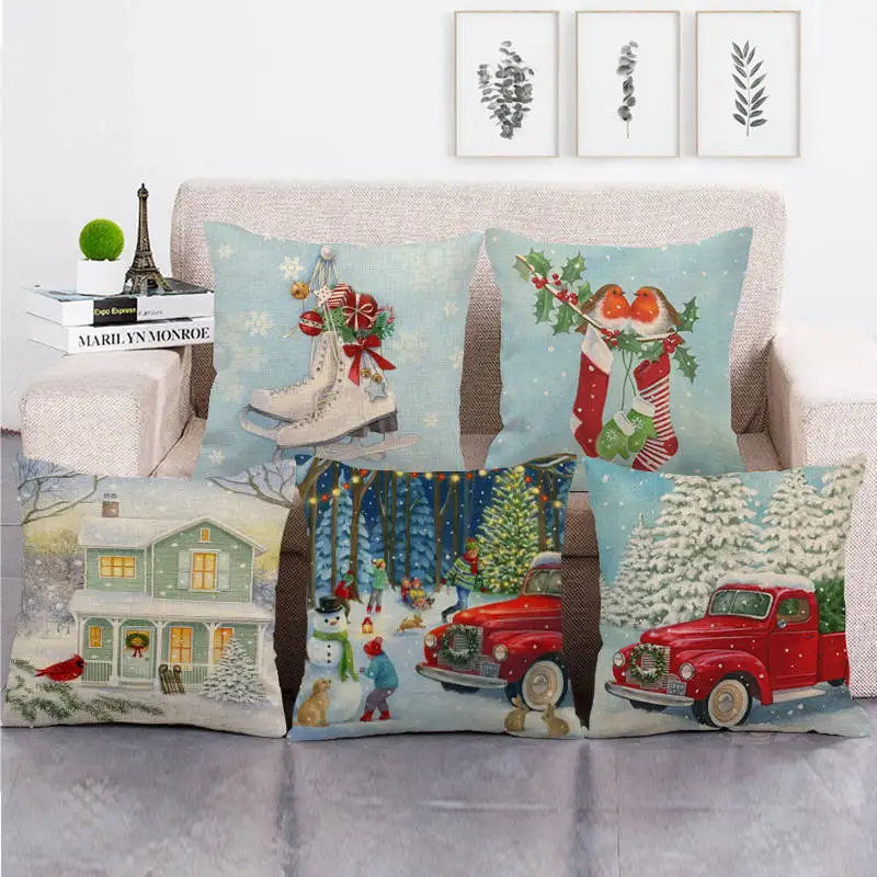 

Christmas Pillow Cover for Home Decor, Cushion Cover Painting Pillowcase, Cartoon Bed Alphabet, Santa Claus Garland, Festival, 2
