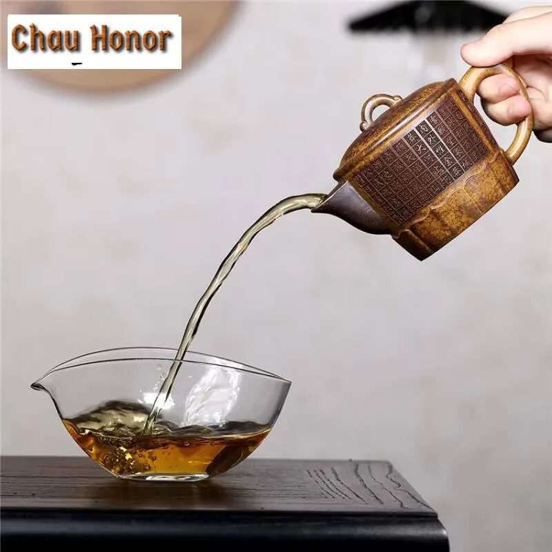 250ml Antique Yixing Purple Clay Teapots Master Handmade Carve Landscape Pot High Temperature Raw Ore Mud Kettle Zisha Tea Set